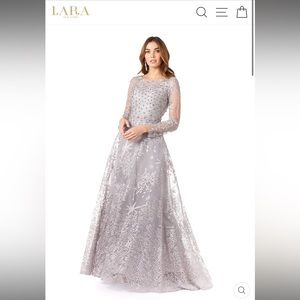 LARA Silver Beaded Lace Long Sleeve Evening Gown